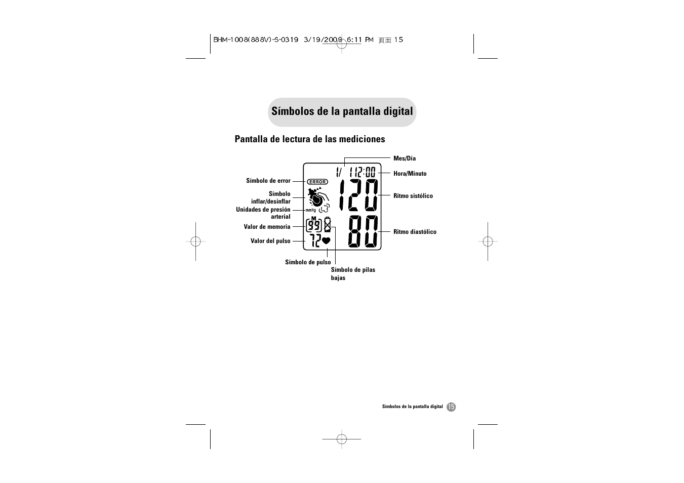 Símbolos de la pantalla digital, Pantalla de lectura de las mediciones | Samsung BHM-1008 User Manual | Page 48 / 66