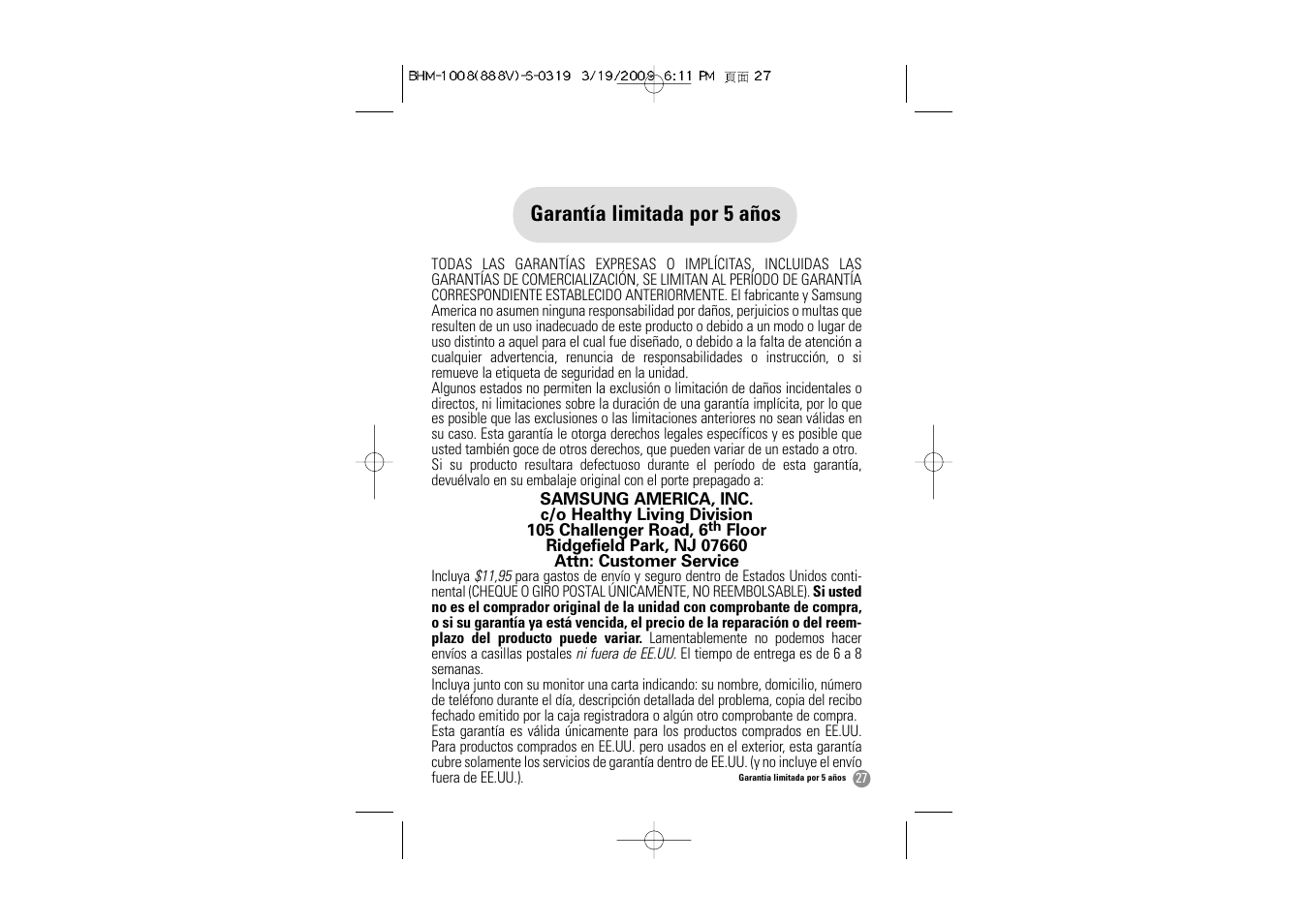 Garantía limitada por 5 años | Samsung BHM-1008 User Manual | Page 60 / 66