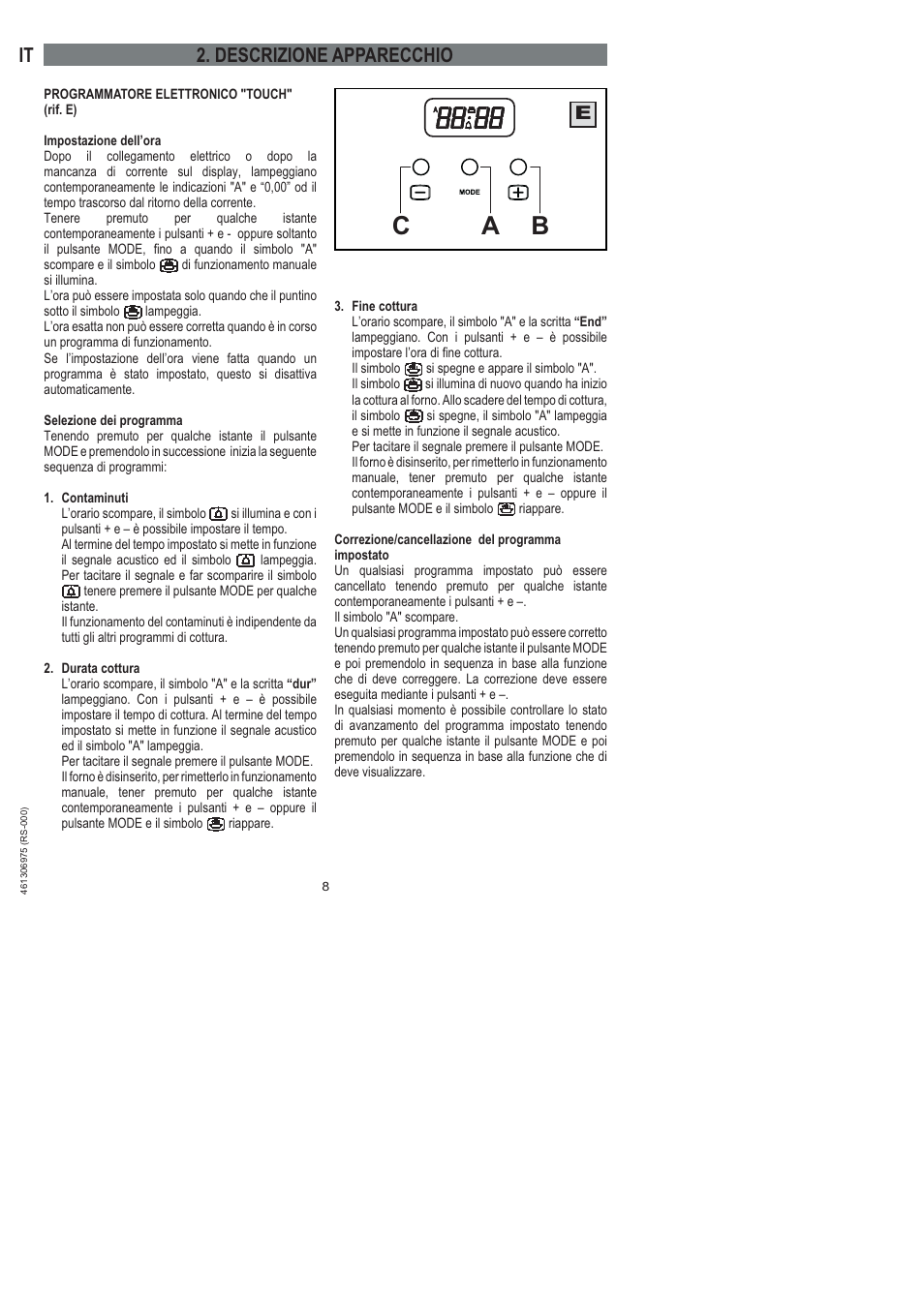 Bc a, It 2. descrizione apparecchio | Ardo HX 080 X User Manual | Page 116 / 256