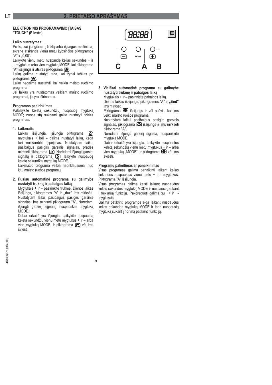 Bc a, Prietaiso aprašymas | Ardo HX 080 X User Manual | Page 134 / 256