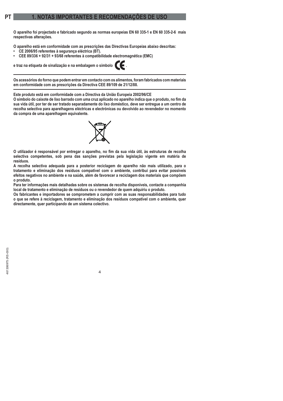 Pt 1. notas importantes e recomendações de uso | Ardo HX 080 X User Manual | Page 184 / 256