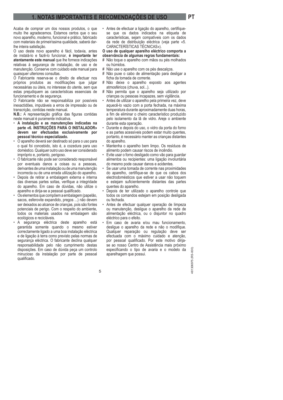 Notas importantes e recomendações de uso | Ardo HX 080 X User Manual | Page 185 / 256