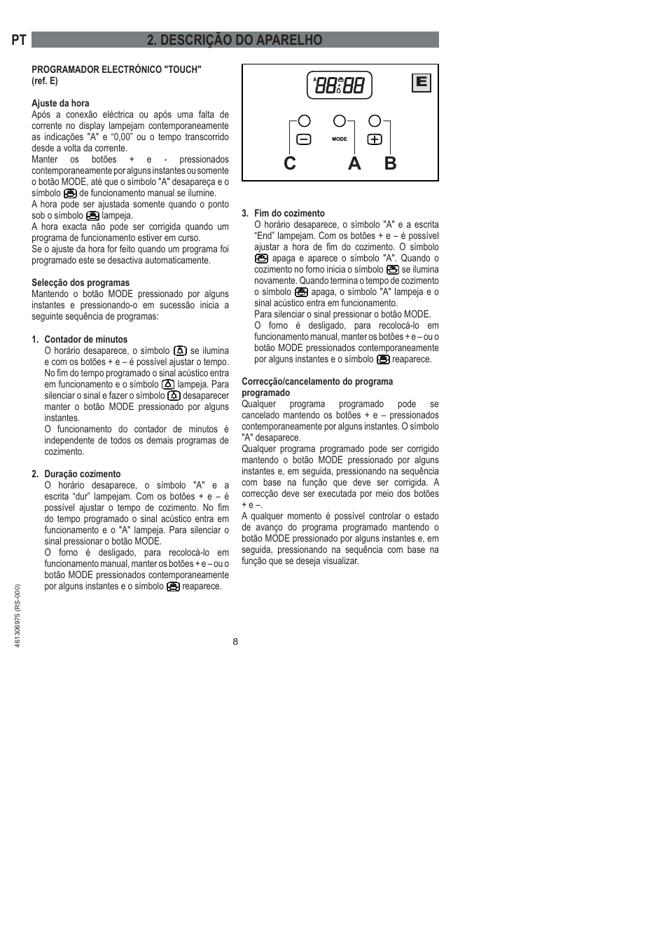 Bc a, Descrição do aparelho | Ardo HX 080 X User Manual | Page 188 / 256