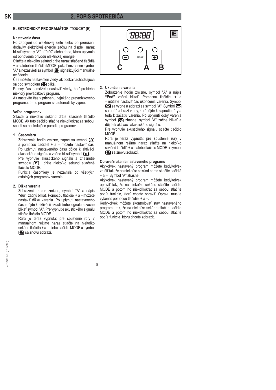 Bc a, Popis spotrebiča | Ardo HX 080 X User Manual | Page 224 / 256