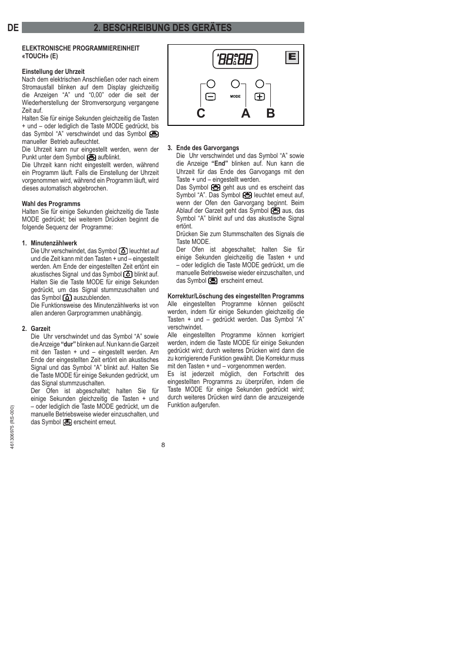 Bc a, De 2. beschreibung des gerätes | Ardo HX 080 X User Manual | Page 26 / 256