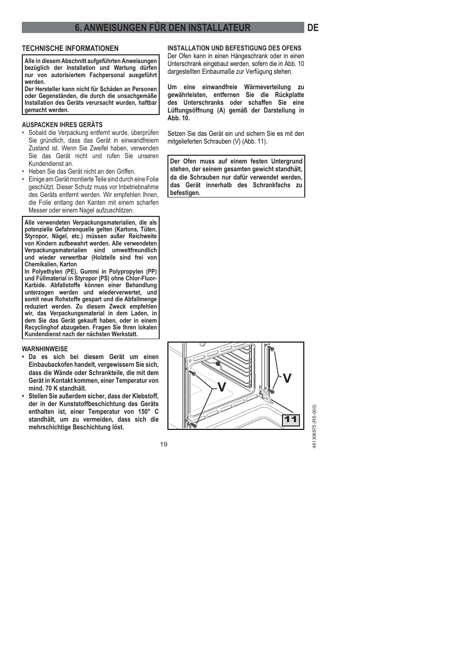 De 6. anweisungen für den installateur | Ardo HX 080 X User Manual | Page 37 / 256