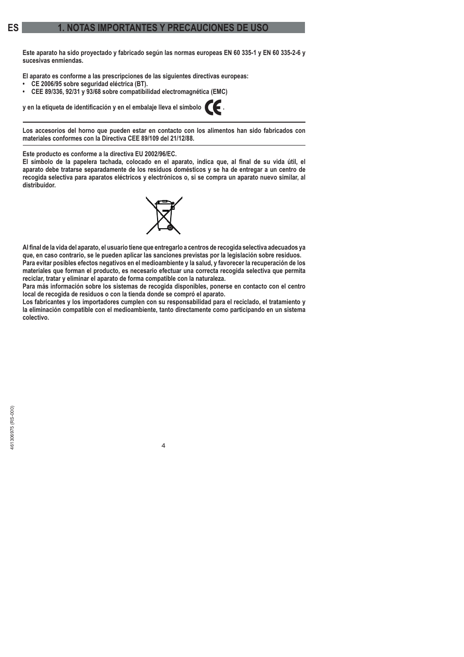 Es 1. notas importantes y precauciones de uso | Ardo HX 080 X User Manual | Page 40 / 256