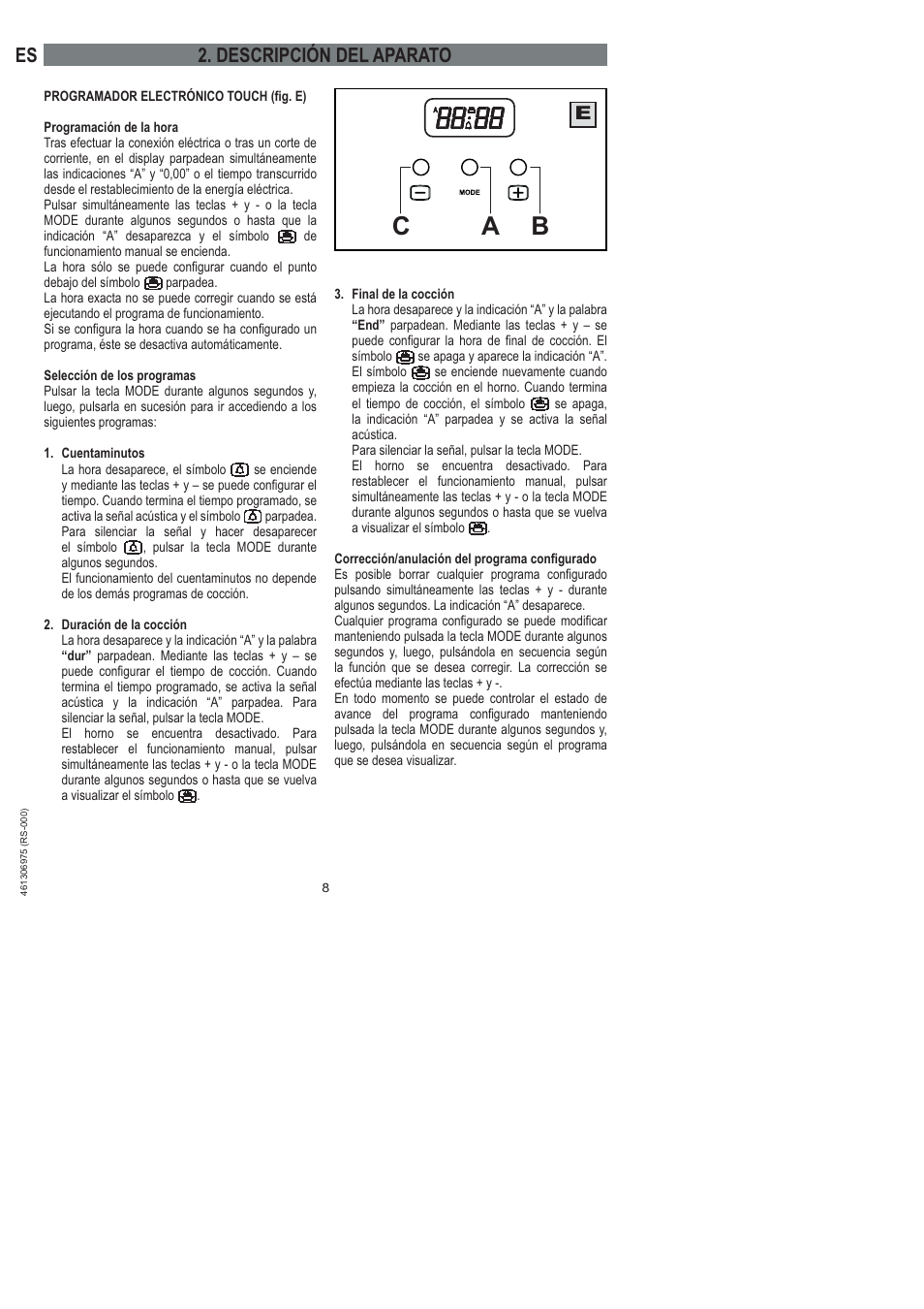 Bc a, Descripción del aparato | Ardo HX 080 X User Manual | Page 44 / 256