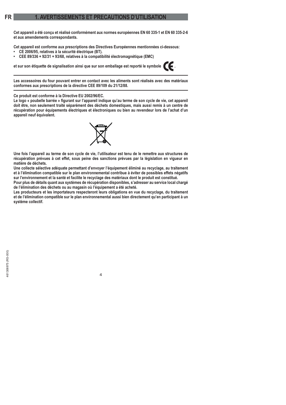 Avertissements et precautions d’utilisation | Ardo HX 080 X User Manual | Page 58 / 256