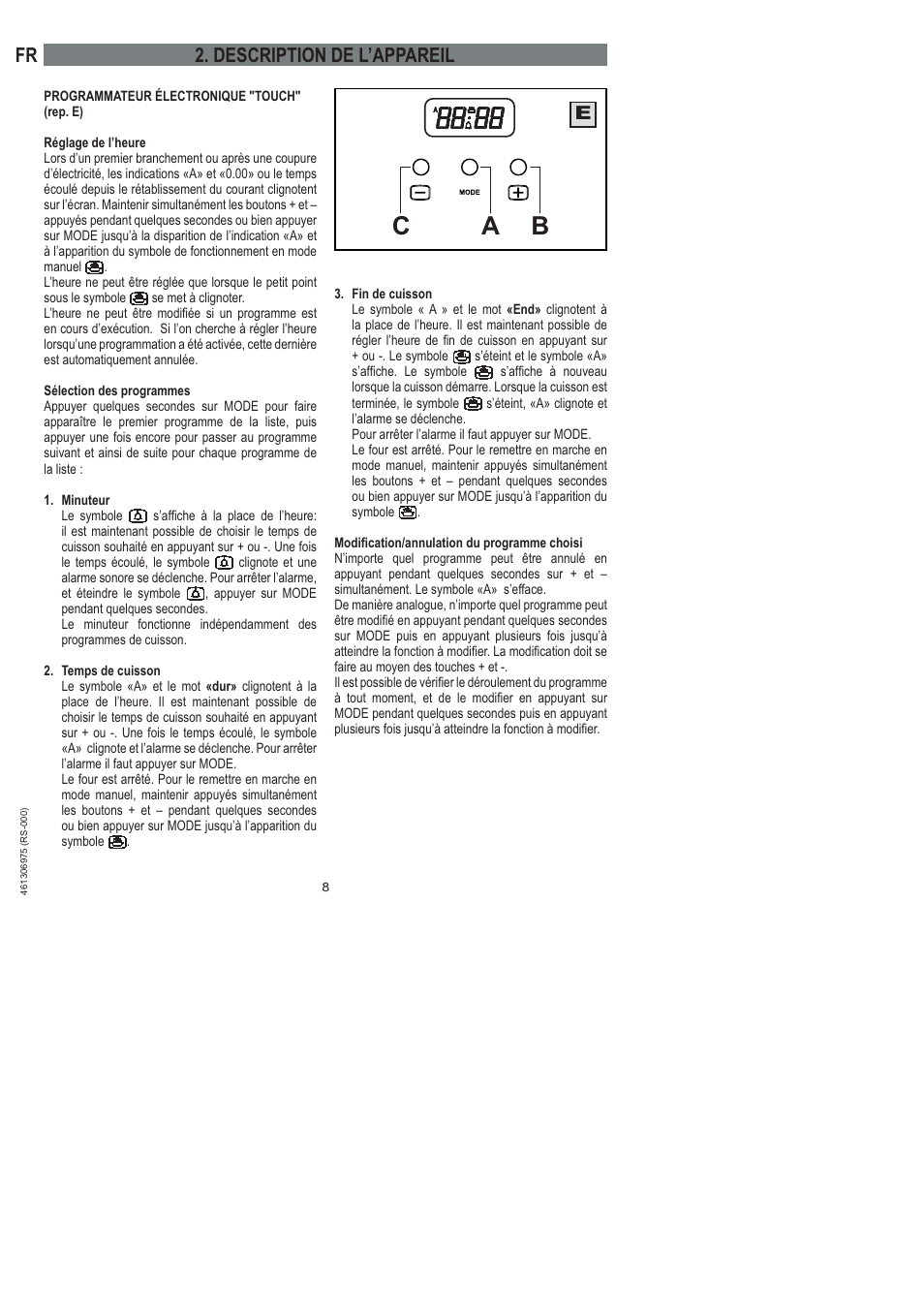 Bc a, Description de l’appareil | Ardo HX 080 X User Manual | Page 62 / 256