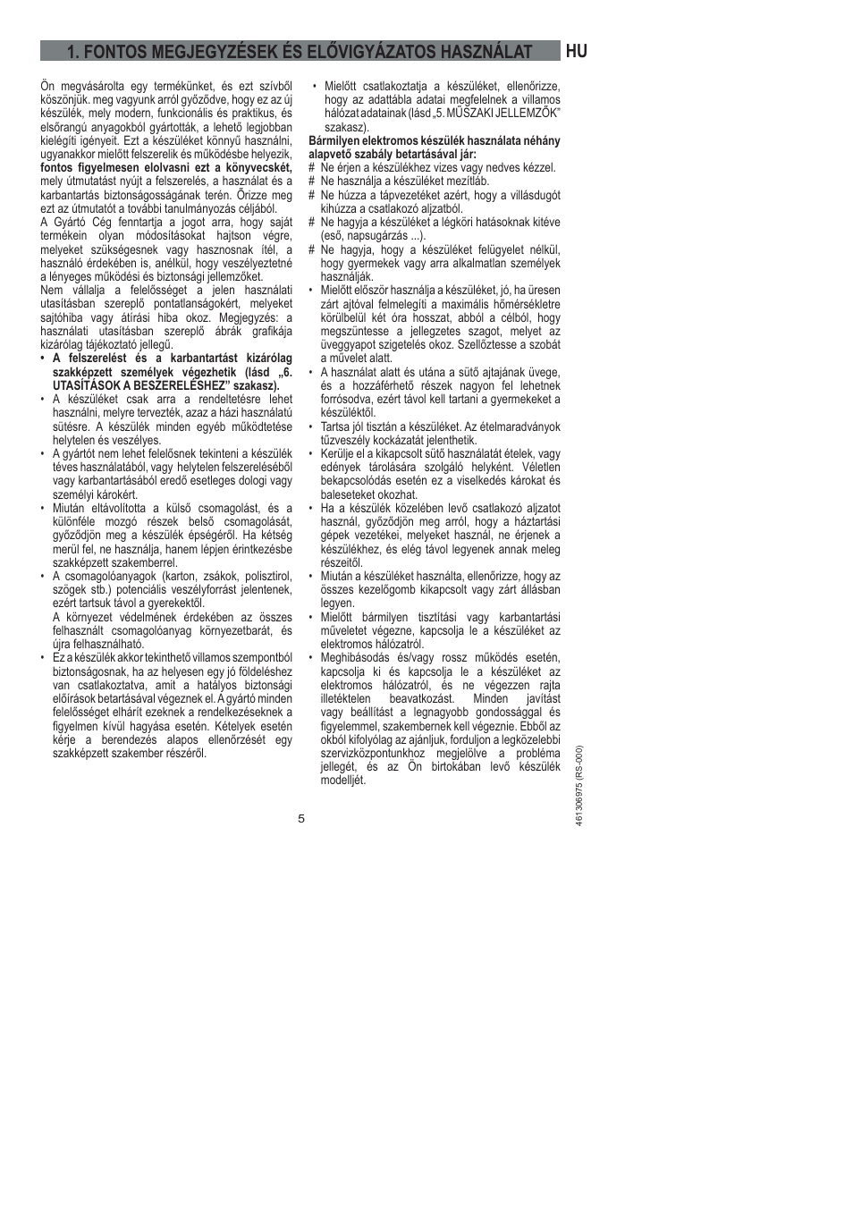 Fontos megjegyzések és elővigyázatos használat | Ardo HX 080 X User Manual | Page 95 / 256