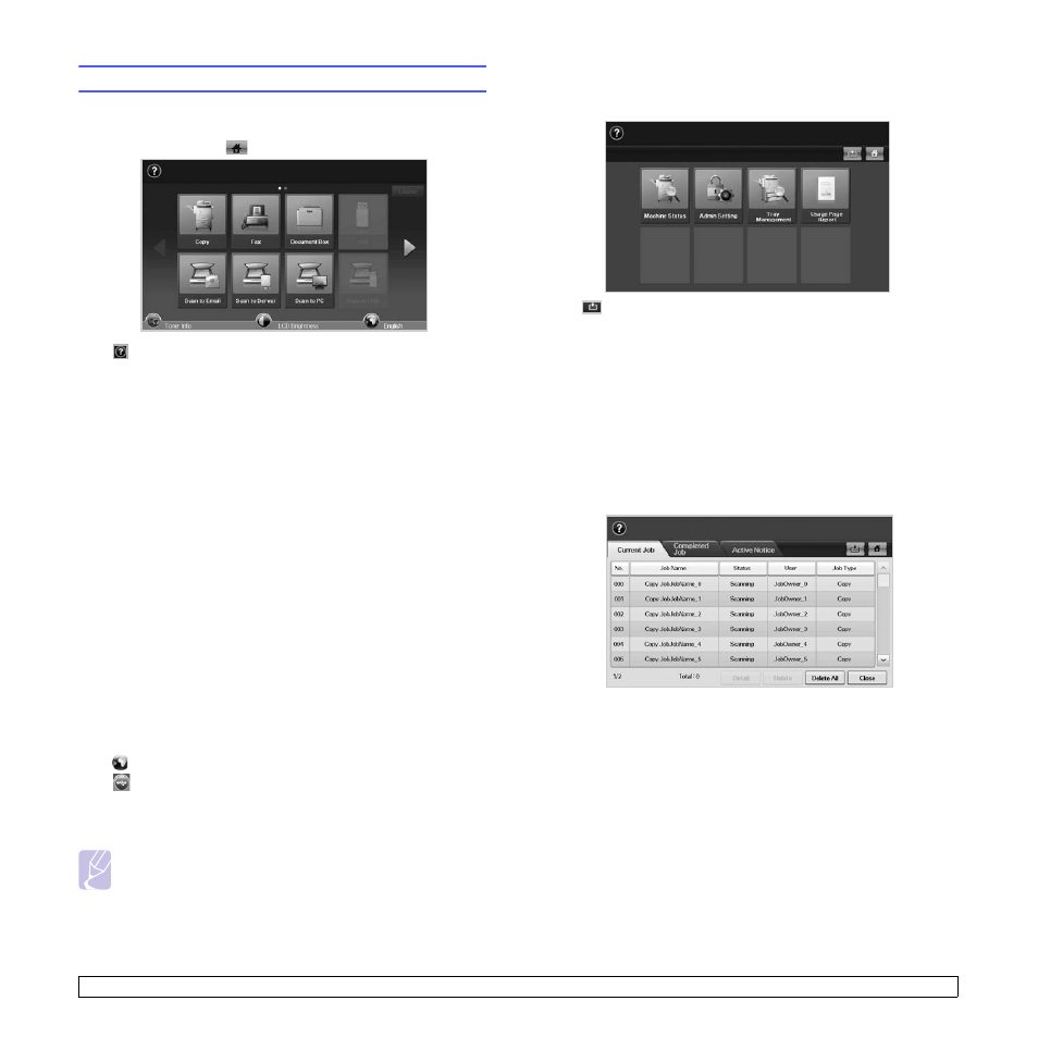 Introducing the touch screen and useful buttons, Touch screen, Machine setup button | Job status button | Samsung CLX-8385ND Series User Manual | Page 22 / 201
