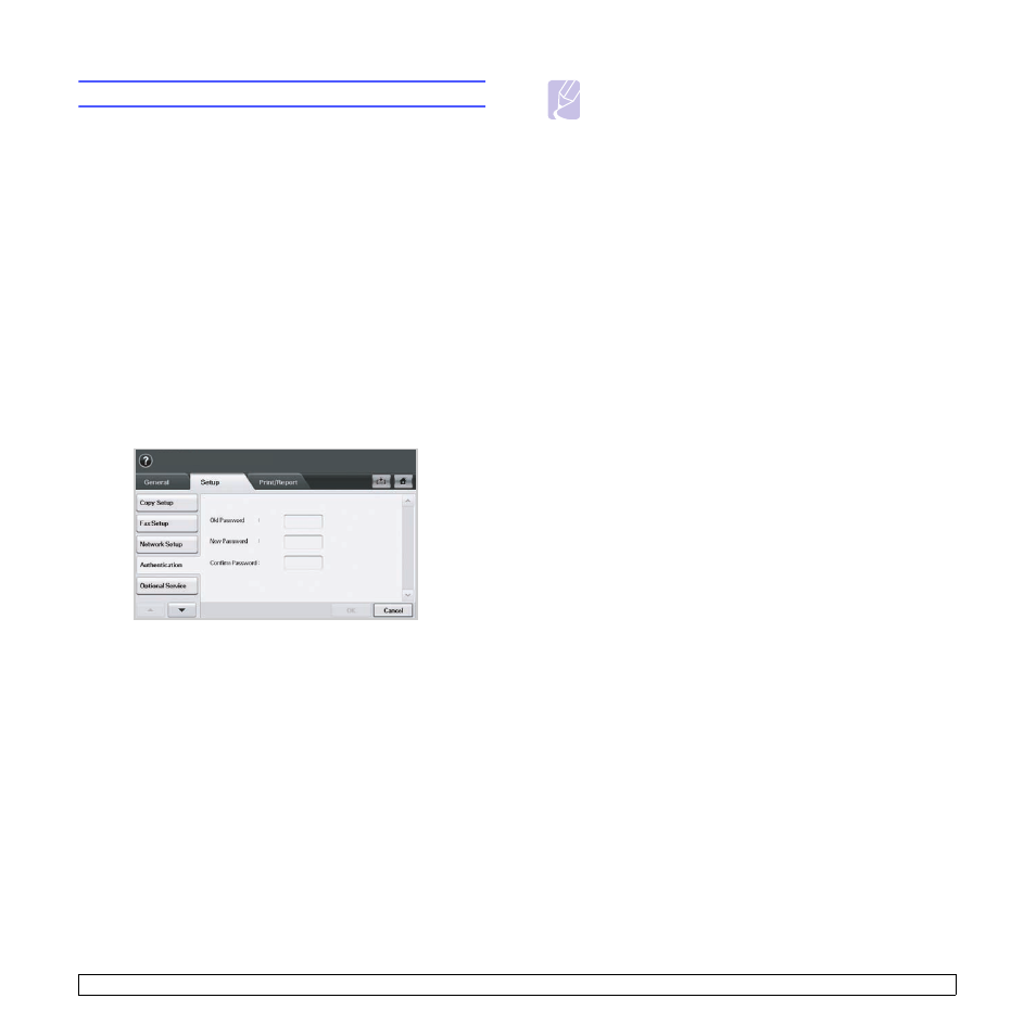 Machine's basic settings, Setting the authentication password, Setting the date and time | Changing the display language, Setting job timeout, Using power saving feature | Samsung CLX-8385ND Series User Manual | Page 34 / 201
