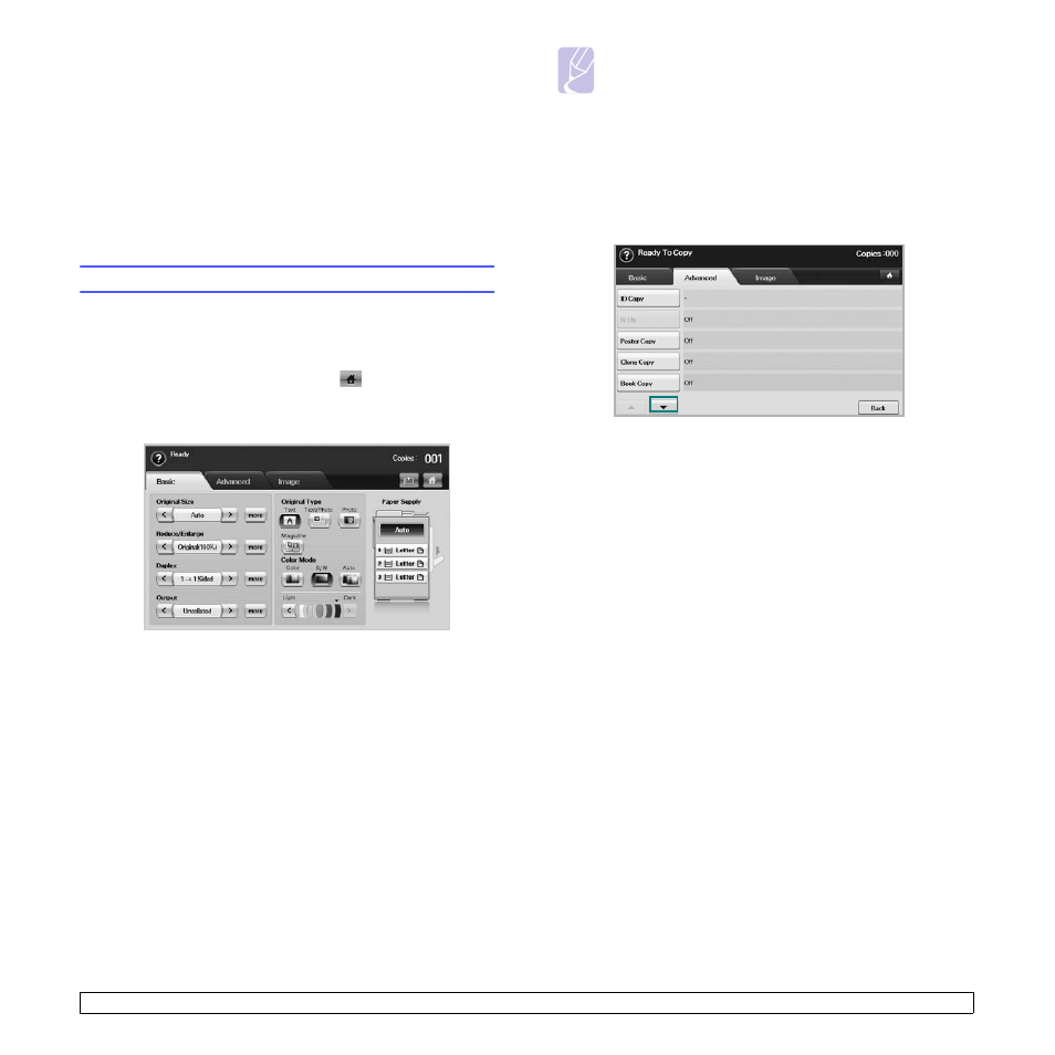 Copying, Understanding the copy screen, Basic tab | Advanced tab, Basic tab advanced tab | Samsung CLX-8385ND Series User Manual | Page 46 / 201