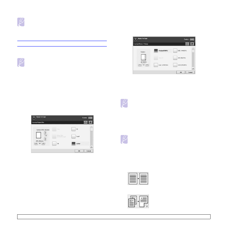 Changing the settings for each copy, Changing the size of originals, Reducing or enlarging copies | Copying on both sides of originals (duplex) | Samsung CLX-8385ND Series User Manual | Page 48 / 201