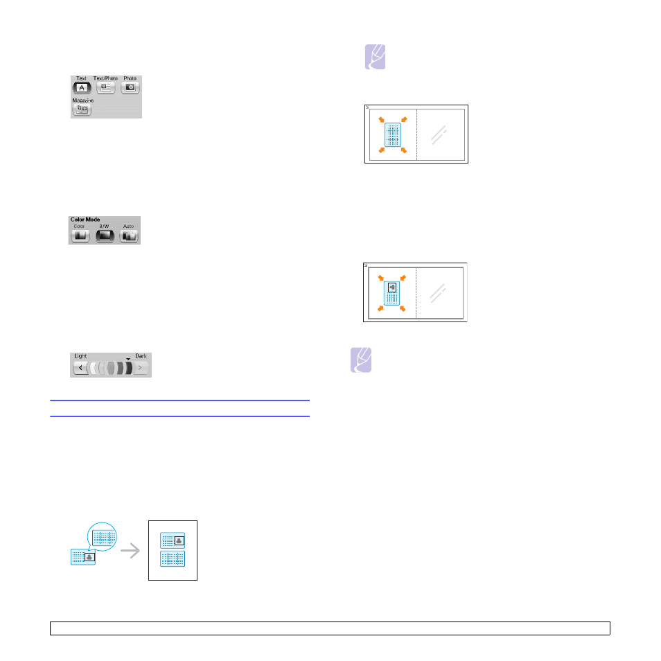 Selecting the type of originals, Color mode, Changing the darkness | Using special copy features, Id card copying, Copying id with the manual id copy option | Samsung CLX-8385ND Series User Manual | Page 50 / 201