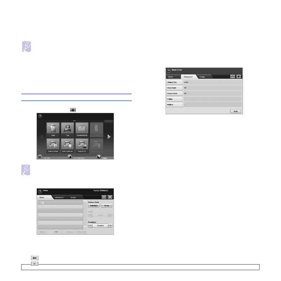 Checking a sent fax list, Understanding the fax screen, Basic tab | Advanced tab, Basic tab advanced tab | Samsung CLX-8385ND Series User Manual | Page 57 / 201