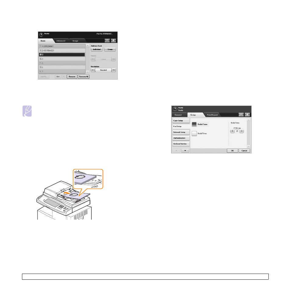 Sending a fax manually (on hook dial), Automatic resending, Redialing the last number | Delaying a fax transmission | Samsung CLX-8385ND Series User Manual | Page 59 / 201