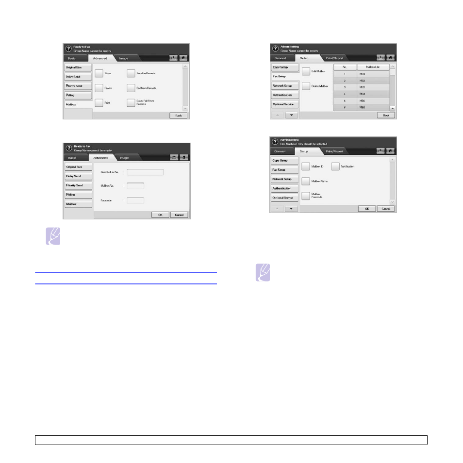 Using mailbox, Creating mailbox, Storing originals in mailbox | Creating mailbox storing originals in mailbox | Samsung CLX-8385ND Series User Manual | Page 65 / 201