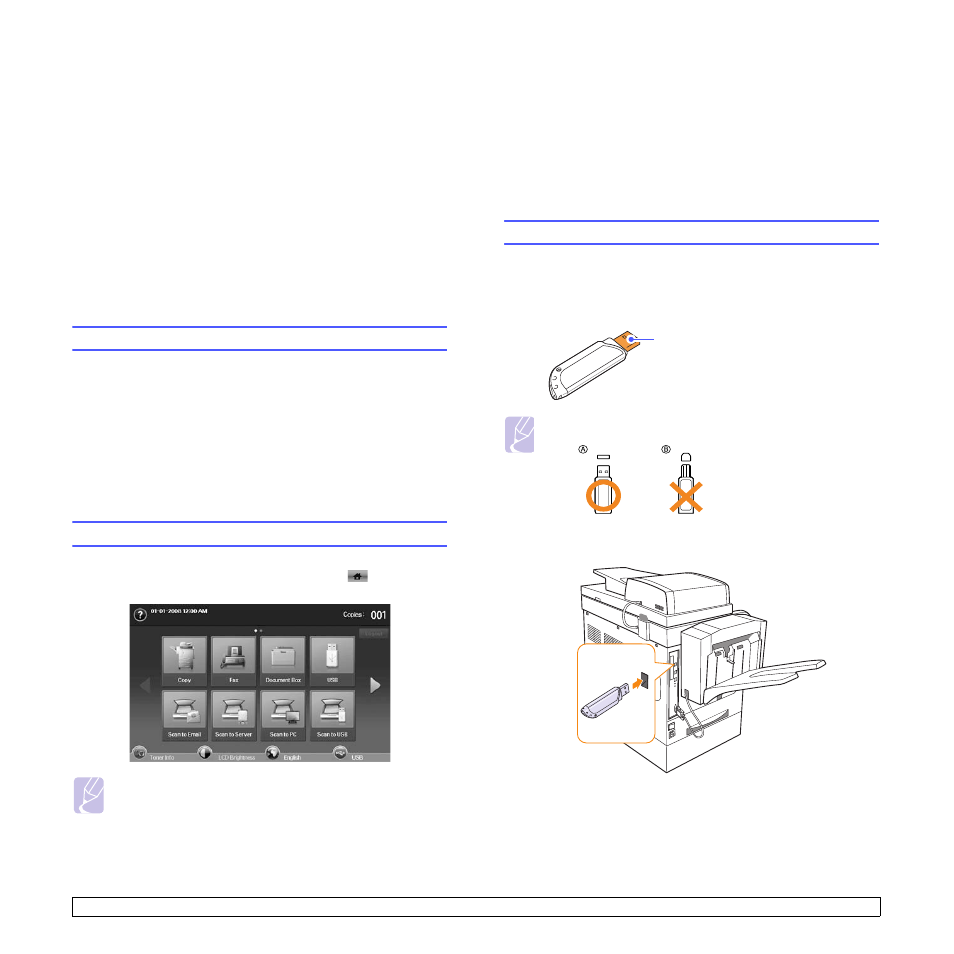 Using usb flash memory, About usb memory, Understanding the usb screen | Plugging in an usb memory device | Samsung CLX-8385ND Series User Manual | Page 82 / 201