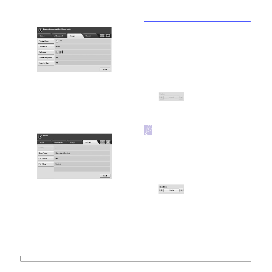Image tab, Output tab, Changing the scan feature settings | Duplex, Resolution, Original size, Image tab output tab, Duplex resolution original size, Ge 9.3) | Samsung CLX-8385ND Series User Manual | Page 84 / 201