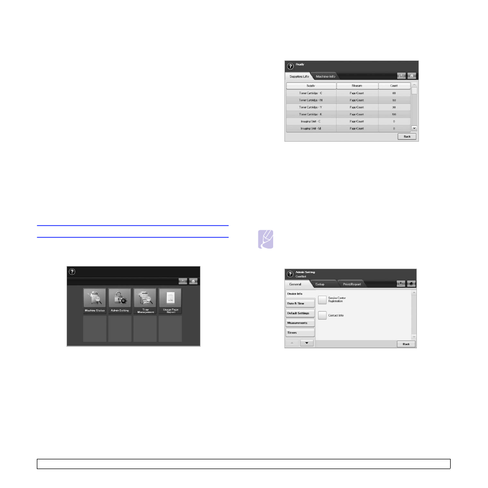 Machine status and advanced setup, Machine setup, Machine status screen | Admin setting screen, Machine status screen admin setting screen | Samsung CLX-8385ND Series User Manual | Page 88 / 201