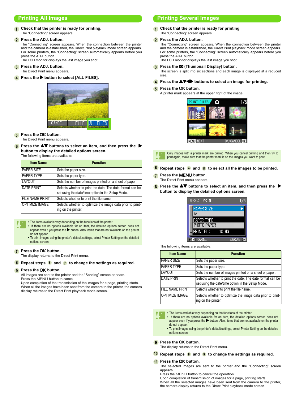 Printing all images, Printing several images | Samsung CAPILO G4 Wide User Manual | Page 2 / 2