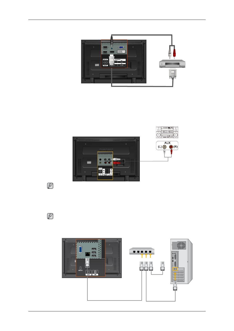 Dvi - hdmi 케이블로 연결, 오디오 시스템 연결하기, Lan 케이블 연결하기 | Samsung SyncMaster 460FPN-2 User Manual | Page 36 / 99