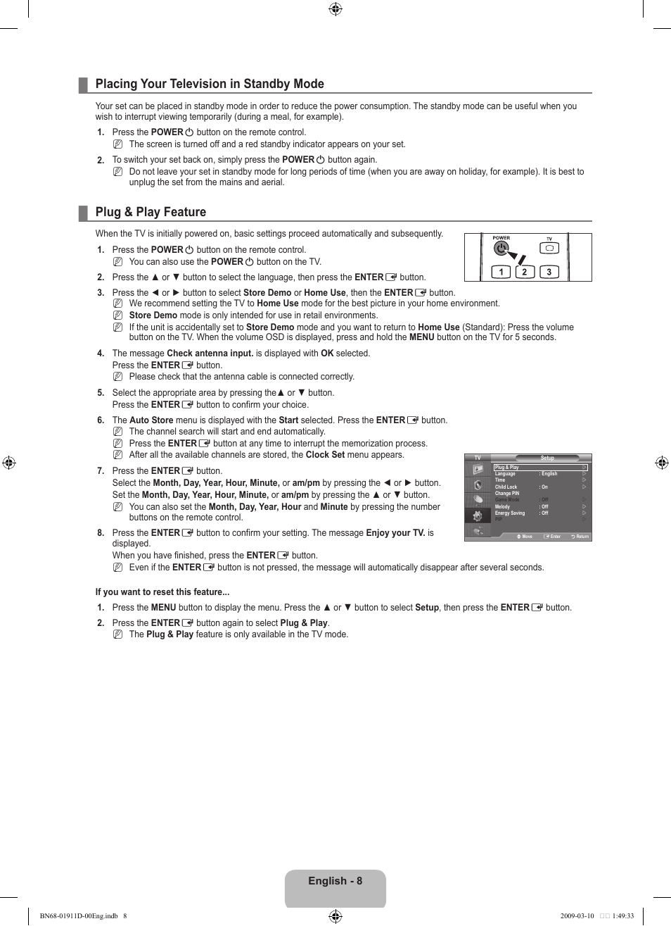 Placing your television in standby mode, Plug & play feature, English | Samsung BN68-01911D-00 User Manual | Page 10 / 28