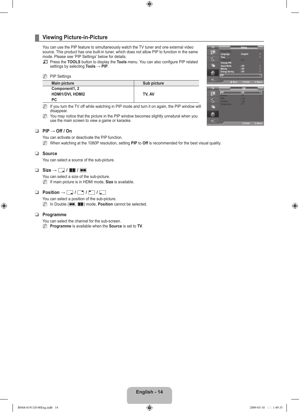 Viewing picture-in-picture, English, Pip → off / on | Source, Size → г / а / œ, Position → ã / – / — / œ, Programme | Samsung BN68-01911D-00 User Manual | Page 16 / 28