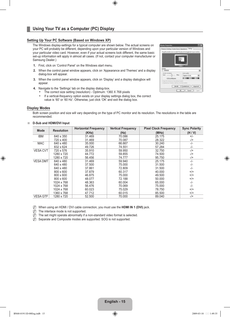 Using your tv as a computer (pc) display | Samsung BN68-01911D-00 User Manual | Page 17 / 28