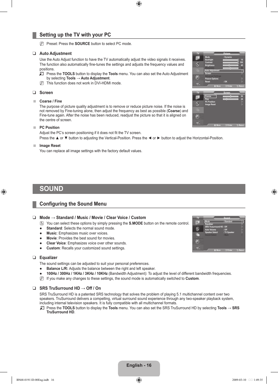 Sound, Setting up the tv with your pc, Configuring the sound menu | English, Auto adjustment, Screen, Equalizer, Srs trusurround hd → off / on | Samsung BN68-01911D-00 User Manual | Page 18 / 28