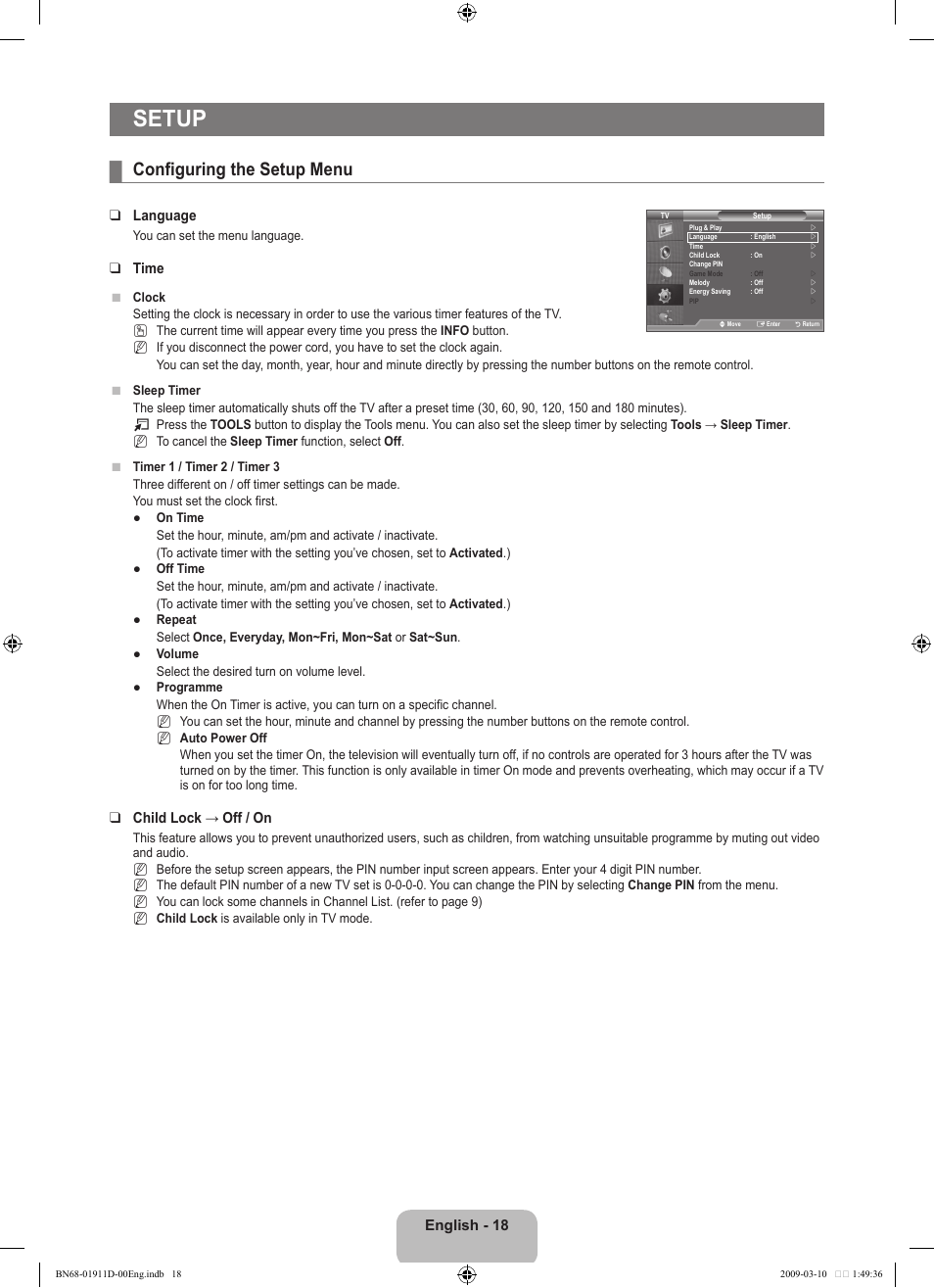 Setup, Configuring the setup menu | Samsung BN68-01911D-00 User Manual | Page 20 / 28