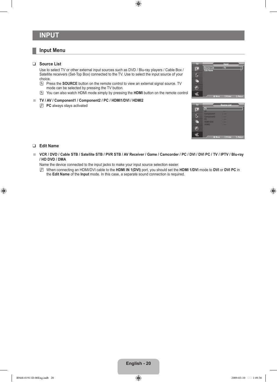 Input, Input menu, English - 0 | Source list, Edit name | Samsung BN68-01911D-00 User Manual | Page 22 / 28