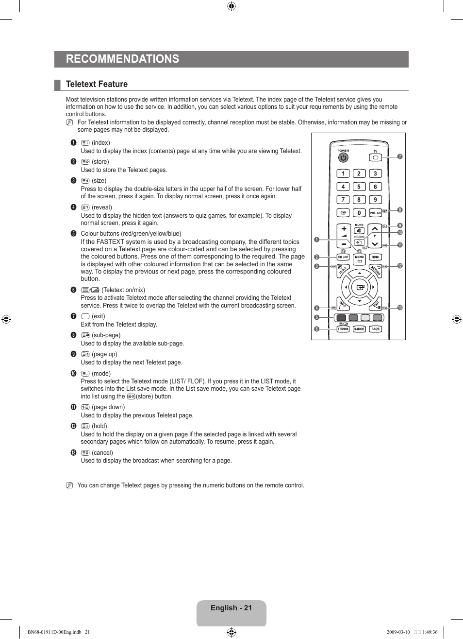 Recommendations, Teletext feature | Samsung BN68-01911D-00 User Manual | Page 23 / 28