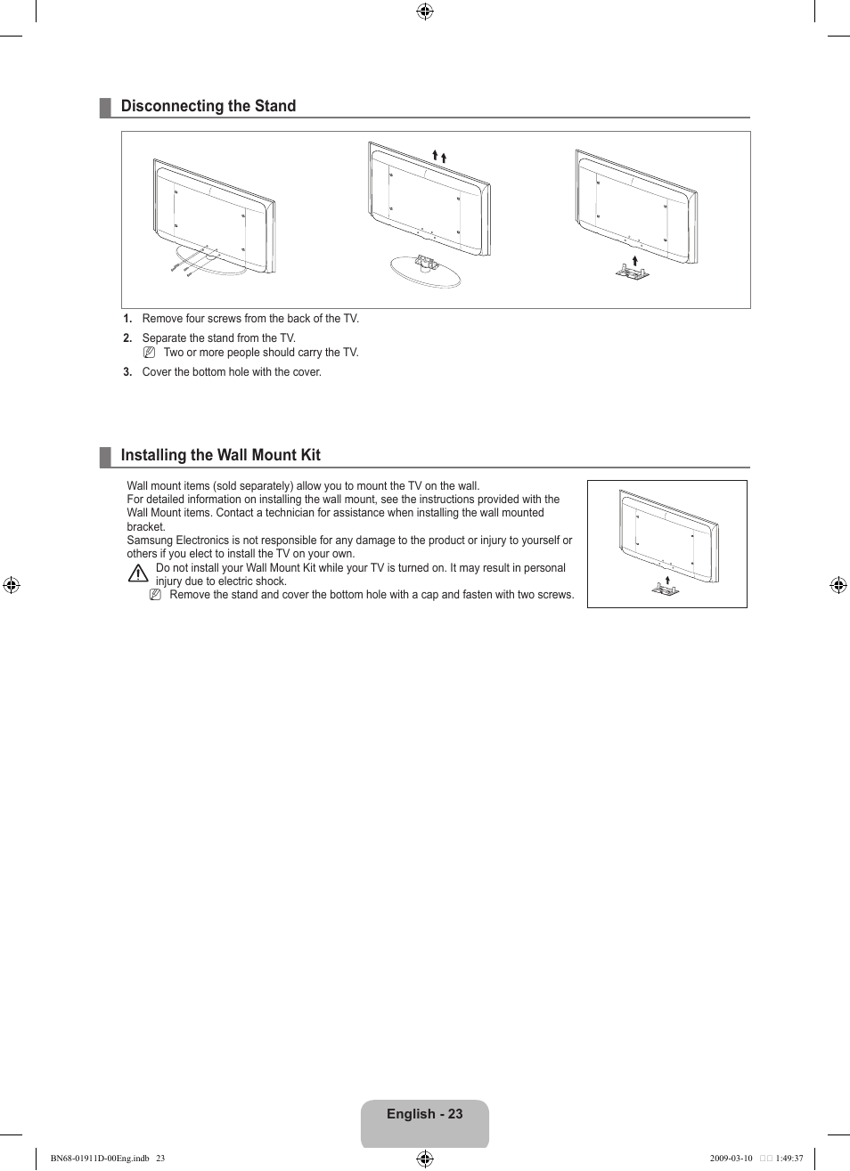 Disconnecting the stand, Installing the wall mount kit | Samsung BN68-01911D-00 User Manual | Page 25 / 28