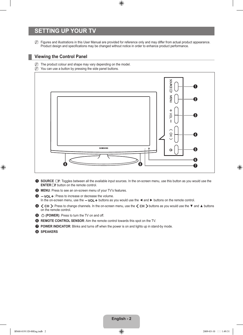 Setting up your tv, Viewing the control panel | Samsung BN68-01911D-00 User Manual | Page 4 / 28