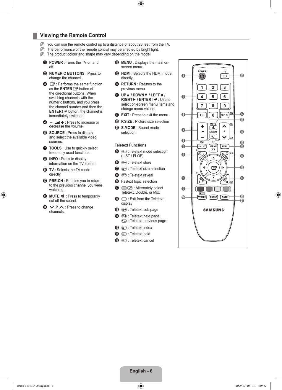 Viewing the remote control | Samsung BN68-01911D-00 User Manual | Page 8 / 28