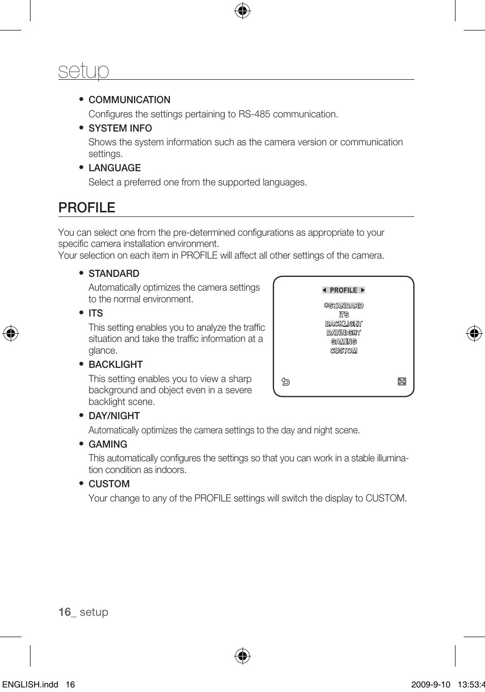 Setup, Profile, 1_ setup | Samsung SCC-C4255P User Manual | Page 16 / 37