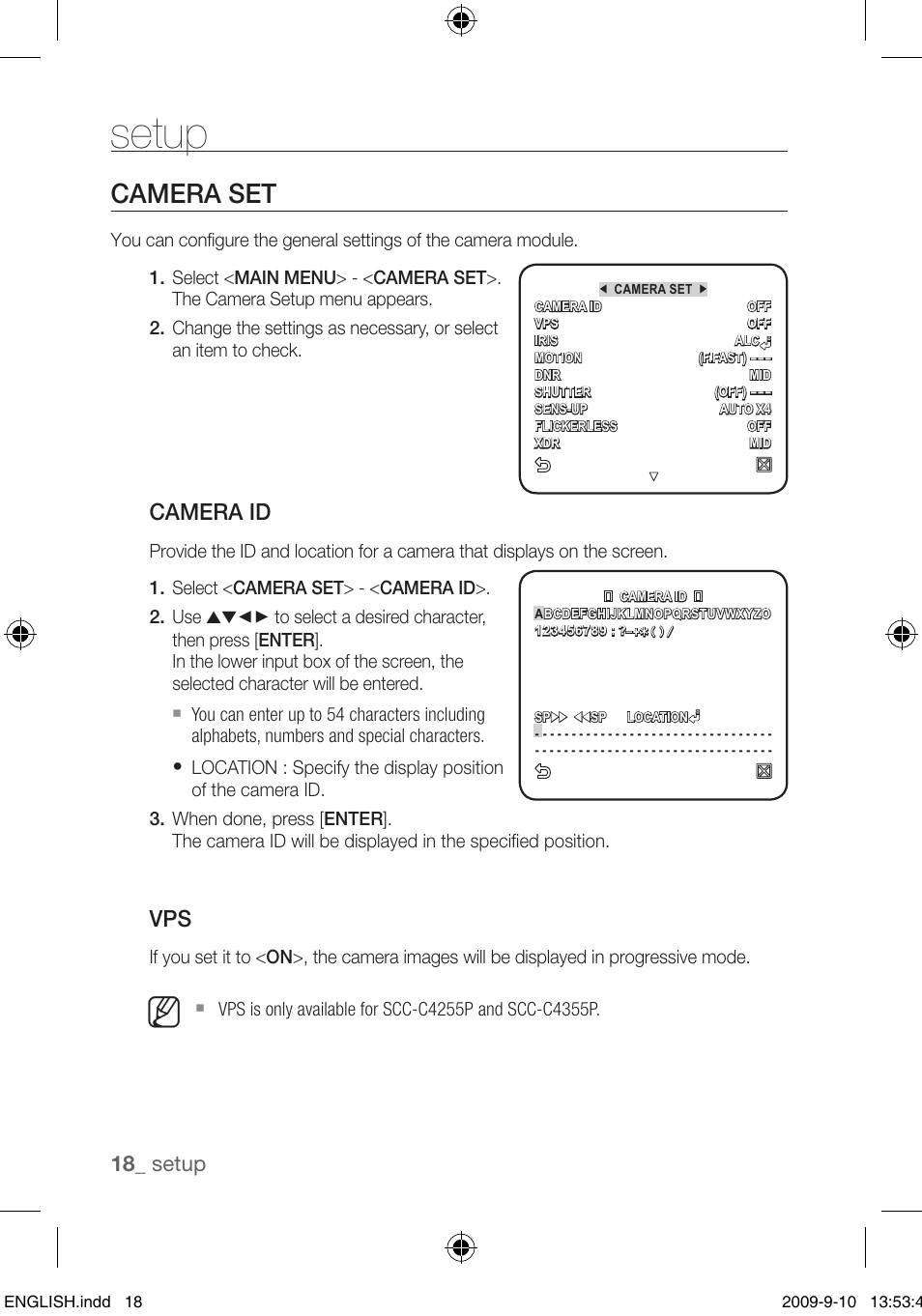 Setup, Camera set, Camera id | 1_ setup | Samsung SCC-C4255P User Manual | Page 18 / 37