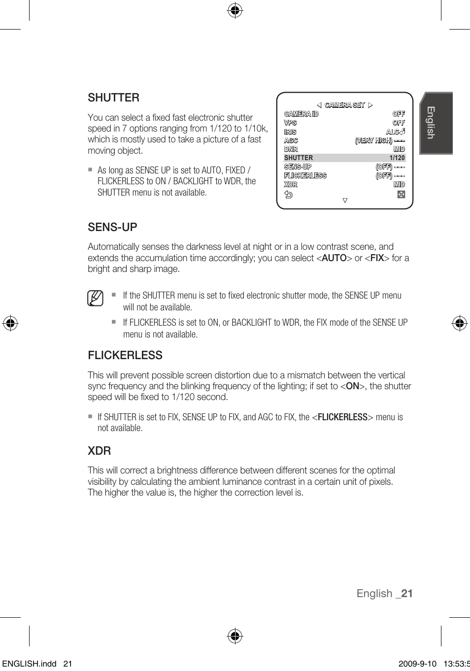 Shutter, Sens-up, Flickerless | English _1 | Samsung SCC-C4255P User Manual | Page 21 / 37