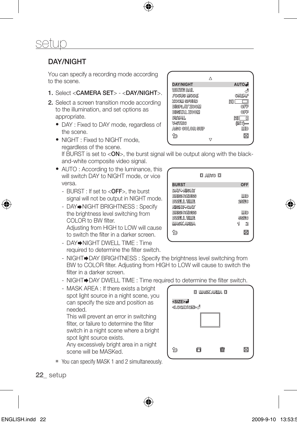 Day/night, Setup | Samsung SCC-C4255P User Manual | Page 22 / 37