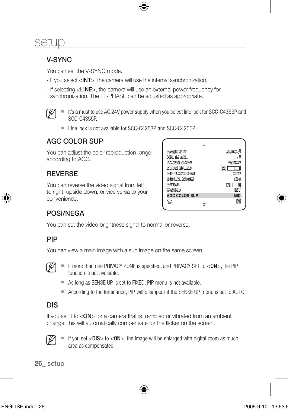 Setup, V-sync, Agc color sup | Reverse, Posi/nega | Samsung SCC-C4255P User Manual | Page 26 / 37