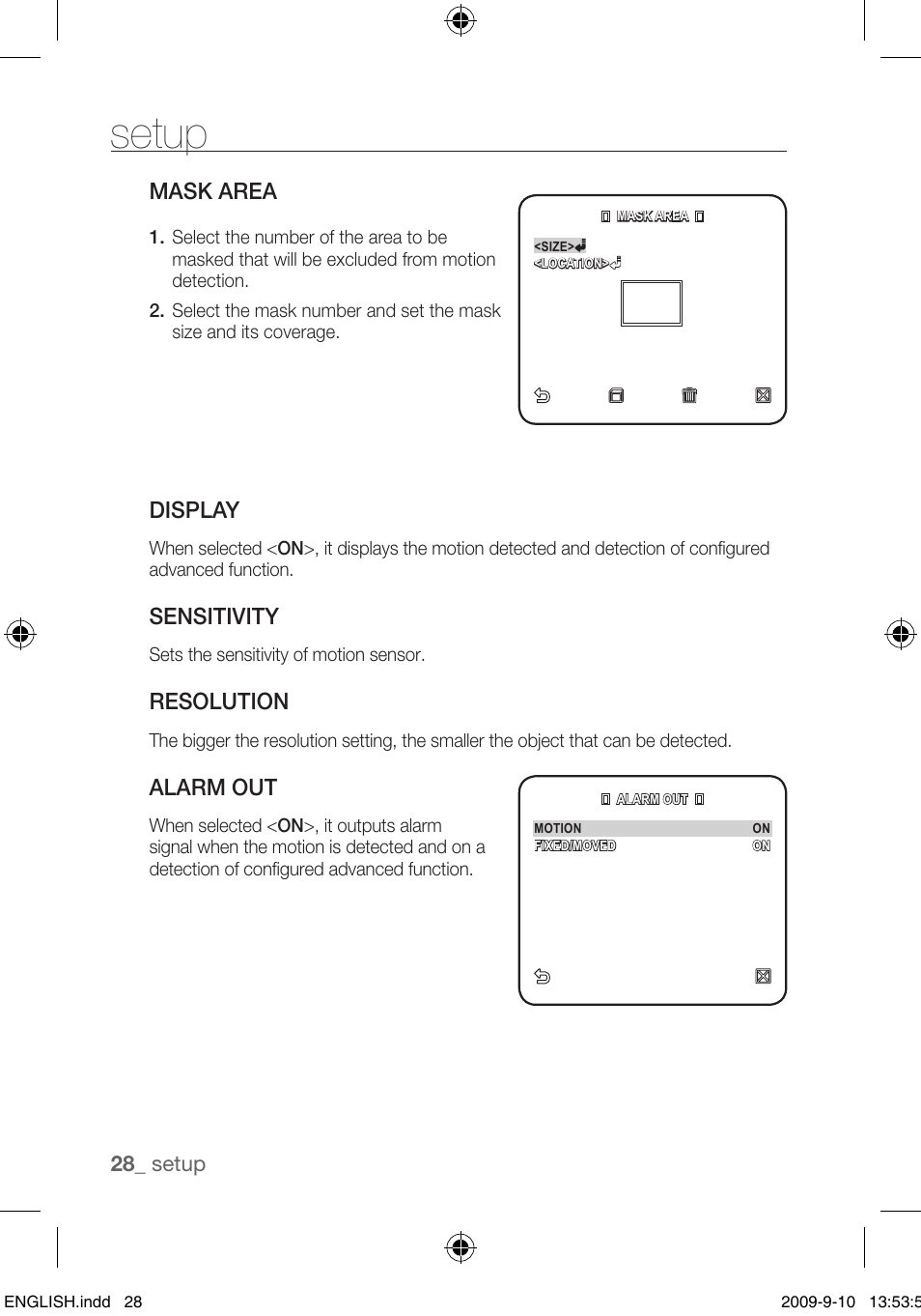 Setup, Mask area, Display | Sensitivity, Resolution, Alarm out | Samsung SCC-C4255P User Manual | Page 28 / 37