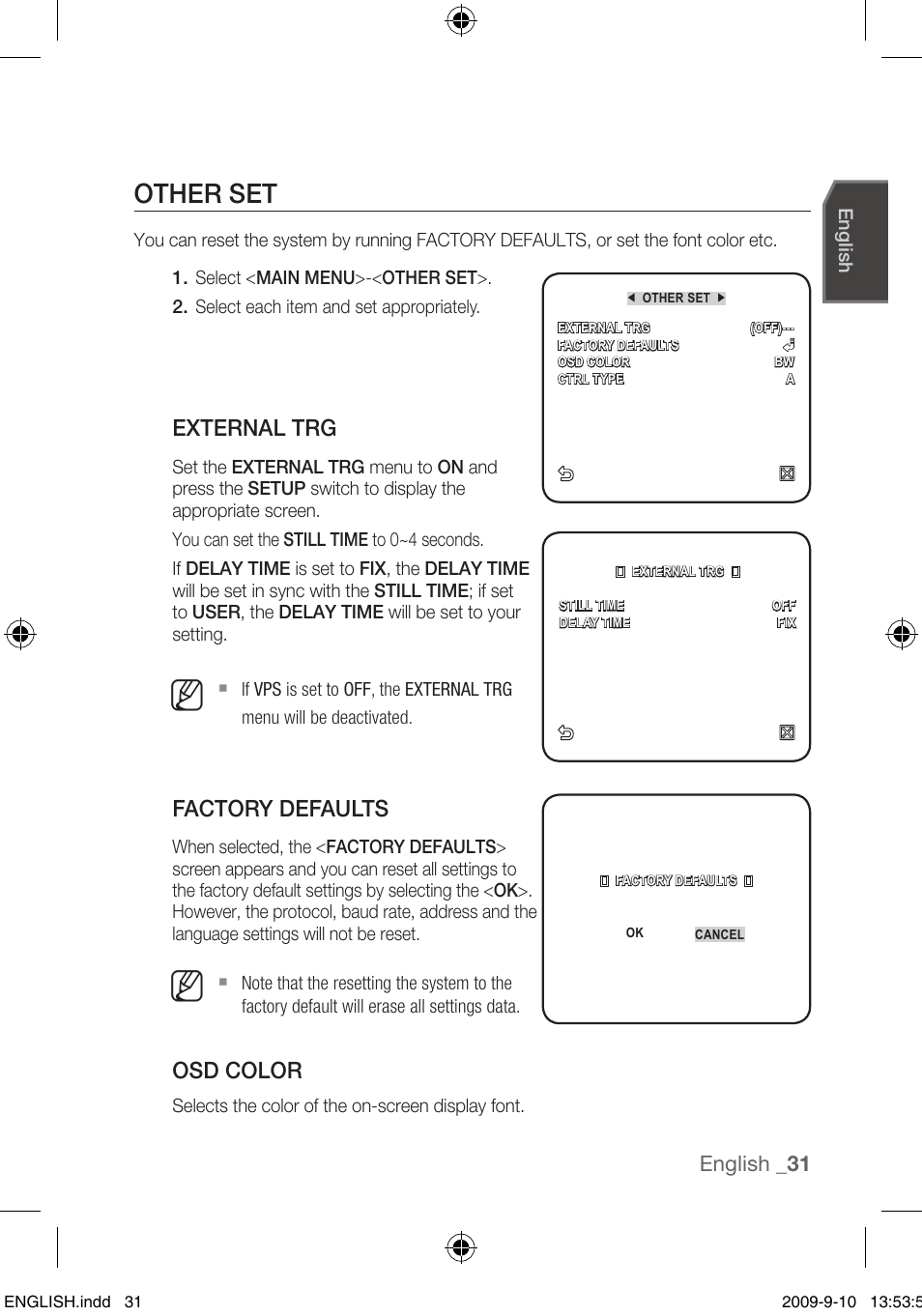 Other set, External trg, Factory defaults | Osd color | Samsung SCC-C4255P User Manual | Page 31 / 37