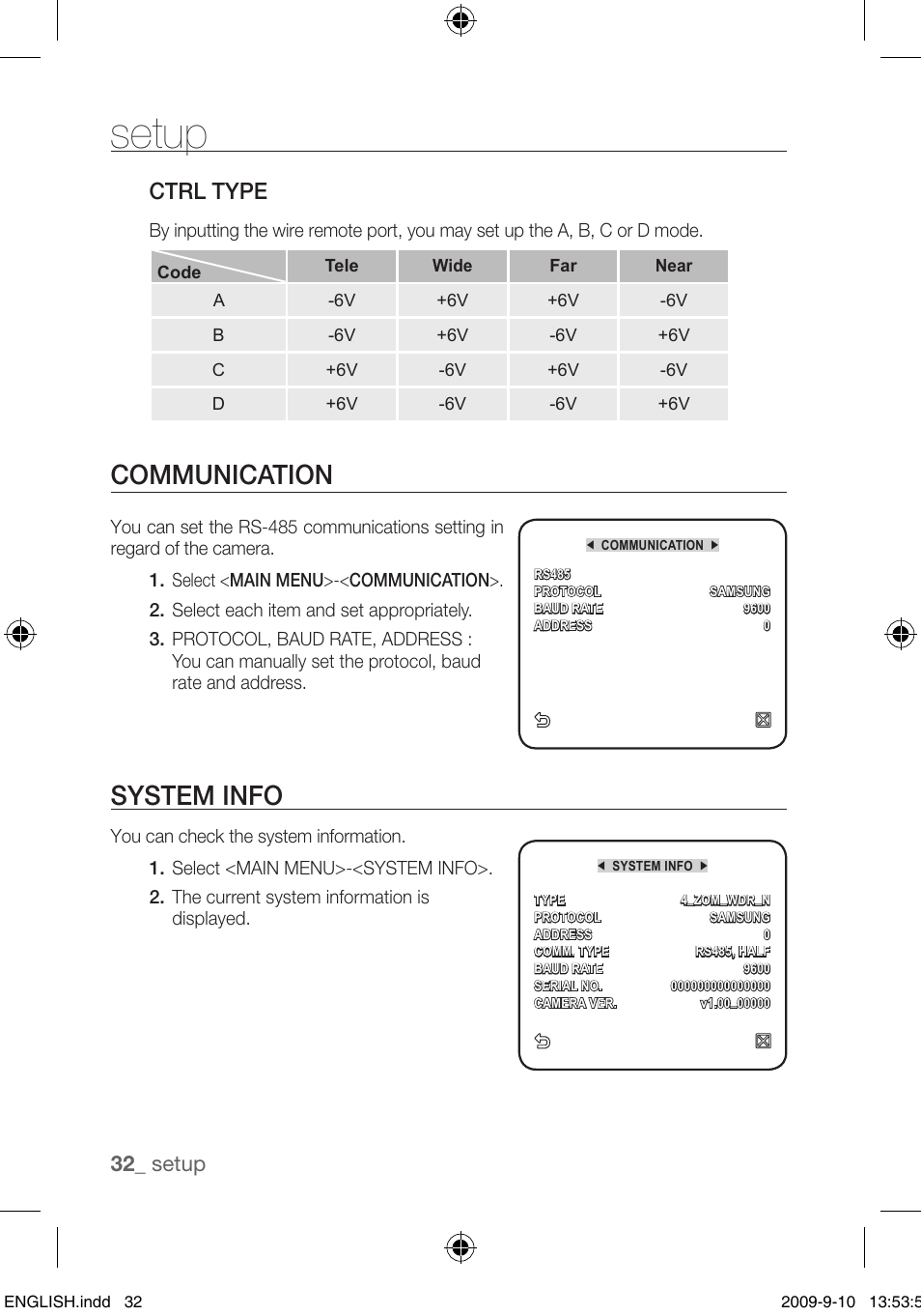 Communication, System info, Ctrl type | Setup | Samsung SCC-C4255P User Manual | Page 32 / 37