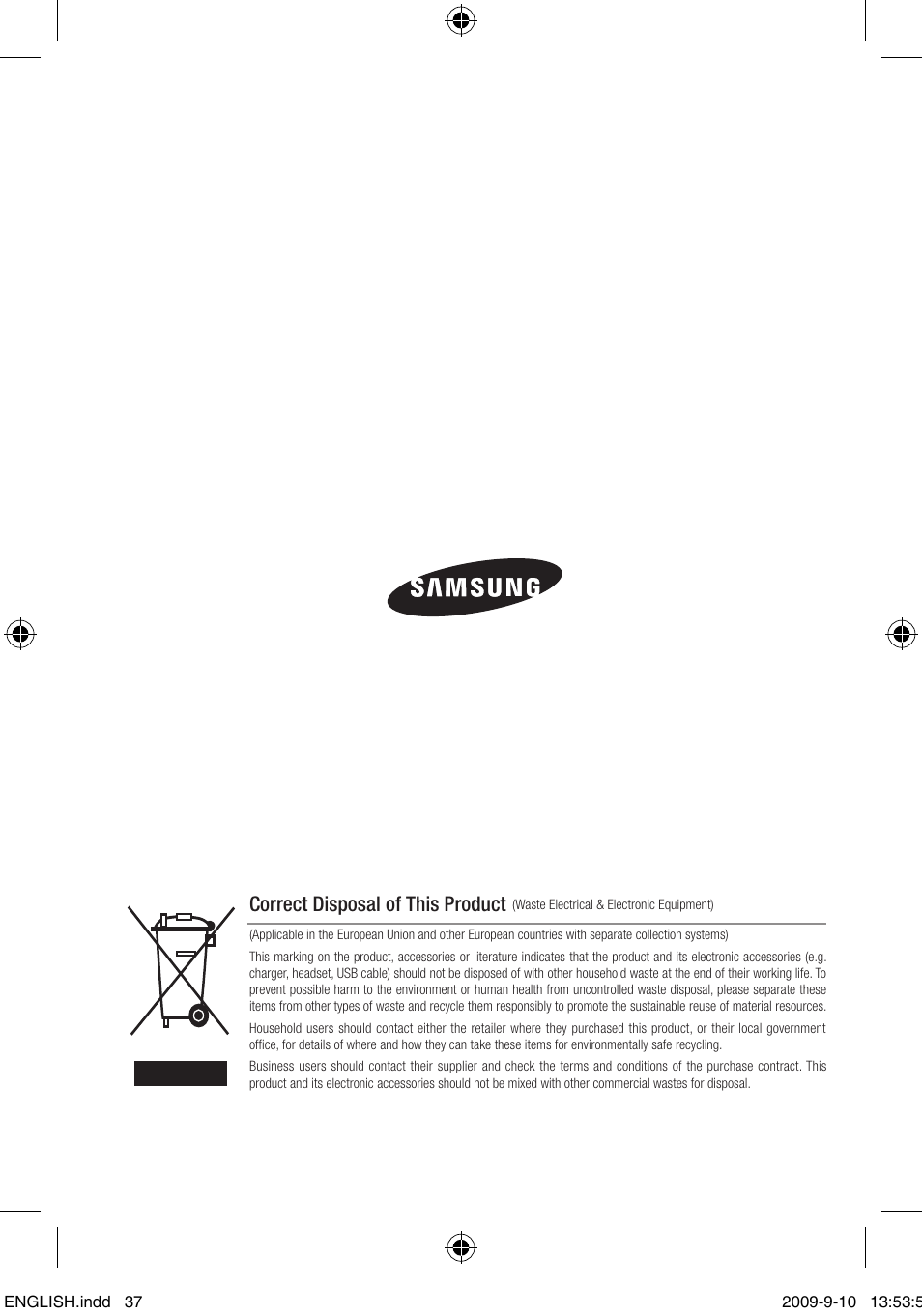 Correct disposal of this product | Samsung SCC-C4255P User Manual | Page 37 / 37