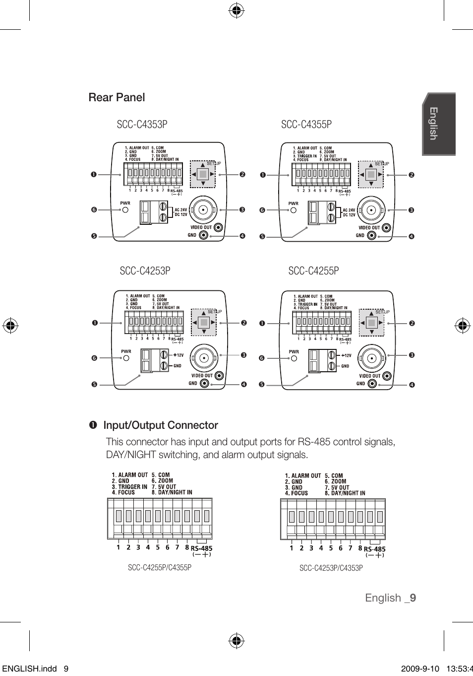 Rear panel, Y\\ [y\z, English | Scc-c4353p, Scc-c4253p  input/output connector, Scc-c4355p, Scc-c4255p | Samsung SCC-C4255P User Manual | Page 9 / 37