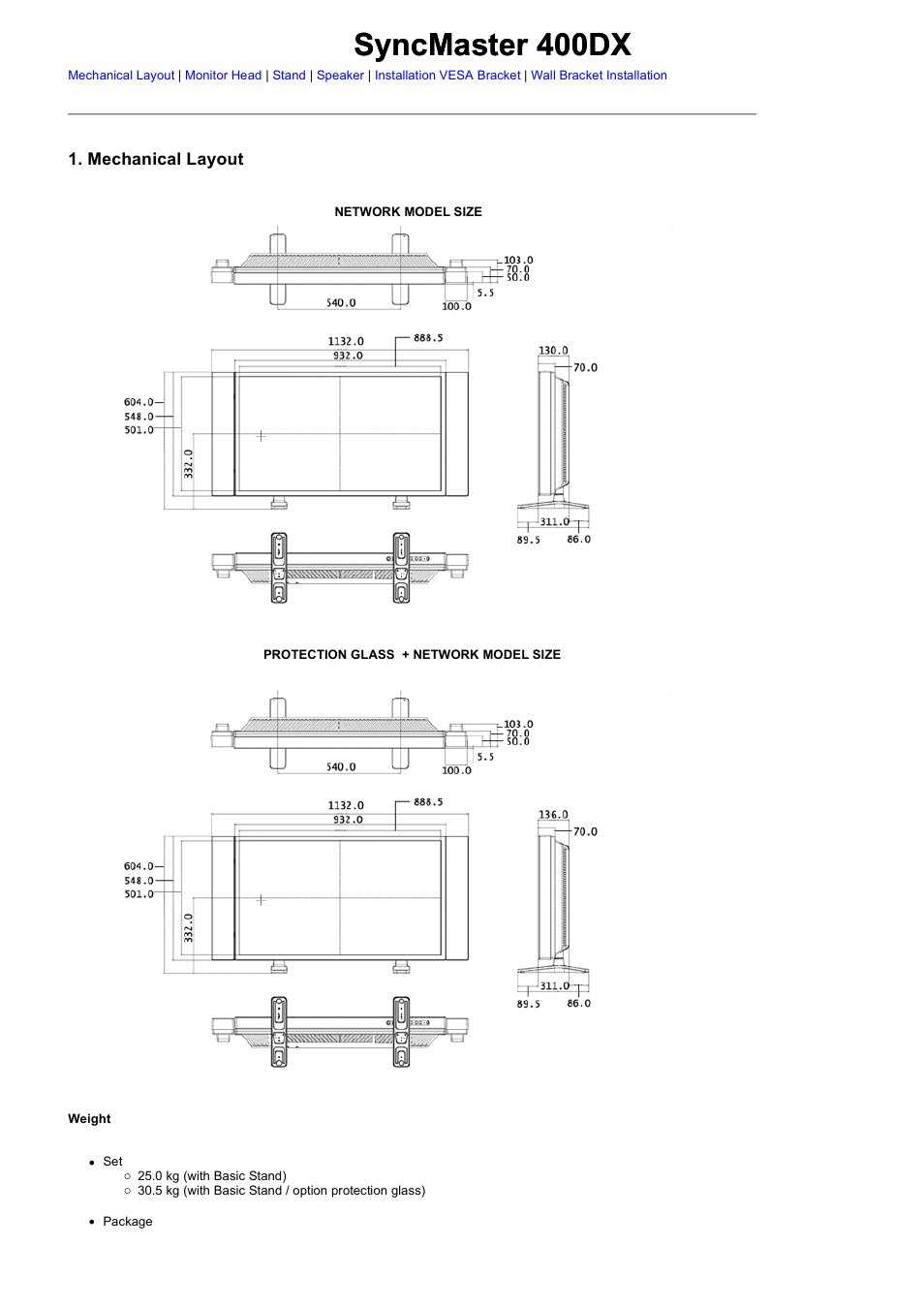 Mechanical layout, Syncmaster 400dx | Samsung 460DX User Manual | Page 19 / 90
