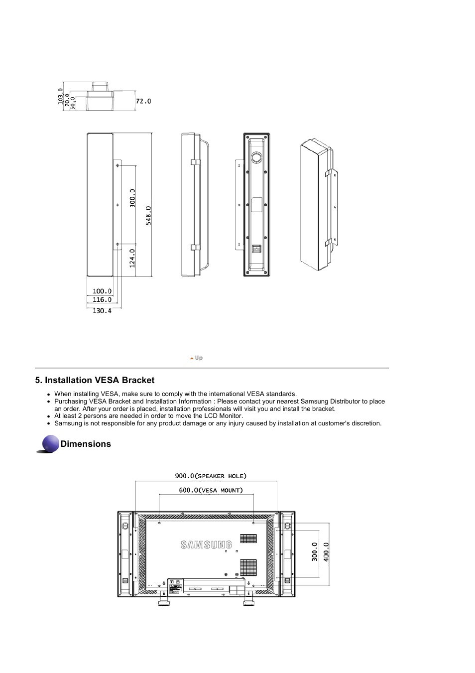 Installation vesa bracket, Dimensions | Samsung 460DX User Manual | Page 22 / 90